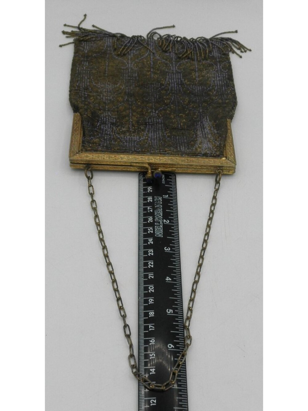 Vintage Antique Micro Beaded Purse Art Deco Evening Bag Gold Blue with Fringe - Picture 13 of 14